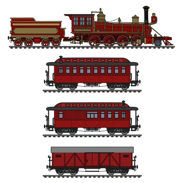 Kéz Vintage Piros Amerikai Vadnyugat Gőzmozdonnyal Rajza — Stock Vector