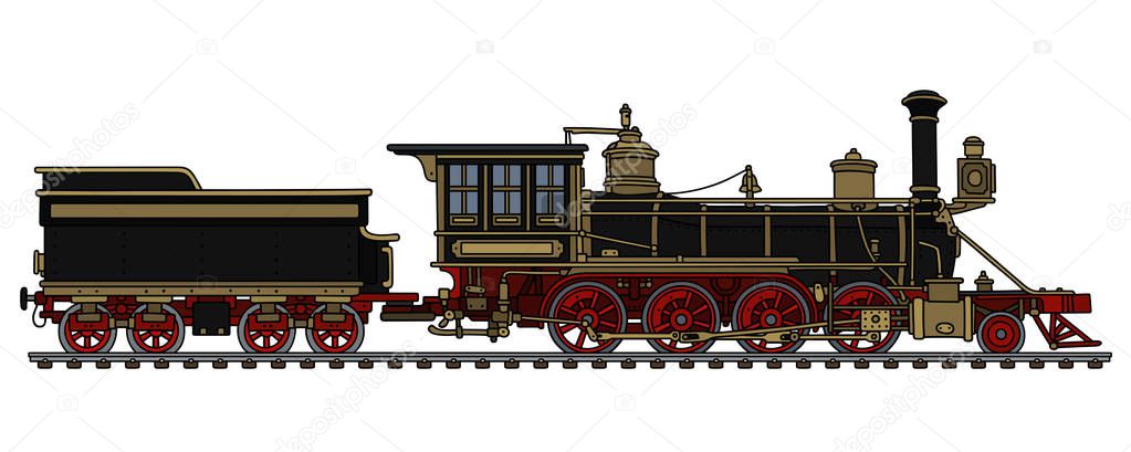 Hand drawing of a vintage black american wild west steam locomotive