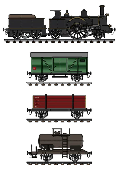 Hand Tekening Van Een Vintage Goederentrein Met Stoom — Stockvector