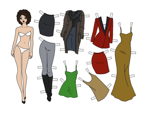 Poupée Papier Brunette Avec Vêtements Découpés — Image vectorielle