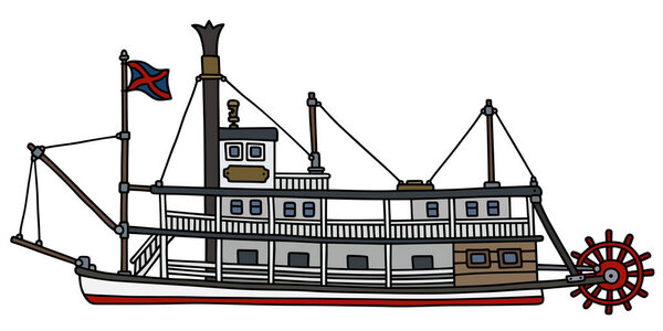 Hand drawing of a classic steam paddle riverboat