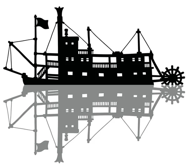 典型蒸汽桨船的黑色剪影手画 — 图库矢量图片