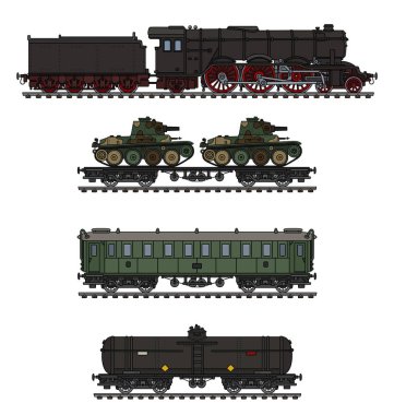 El çizimi bir vintage askeri Buhar trenin iki tank ve bir tank vagon ile