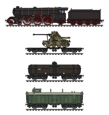 El çizimi bir vintage askeri buhar tren zırhlı araç ve bir tank vagon ile