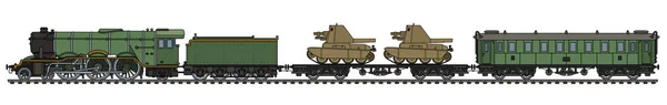 Desenho Manual Trem Vapor Militar Vintage Com Dois Veículos Blindados —  Vetores de Stock