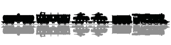 Hand Drawing Black Silhouette Vintage Military Steam Train Tanks — Stock Vector