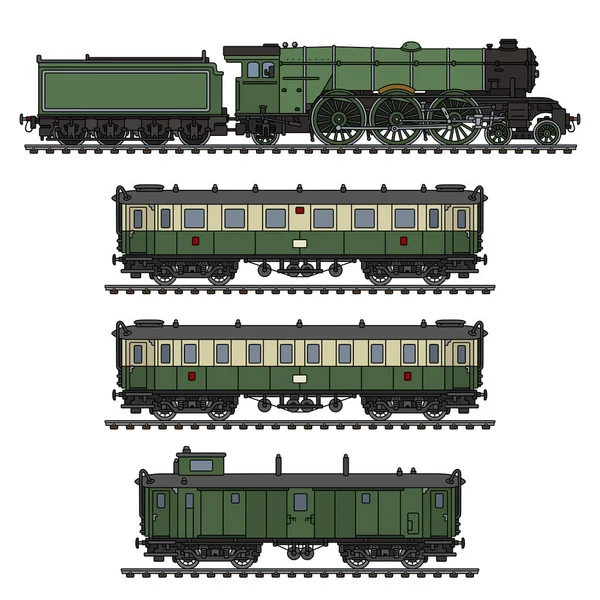 Dibujo Mano Tren Vapor Pasajeros Verde Vintage — Vector de stock