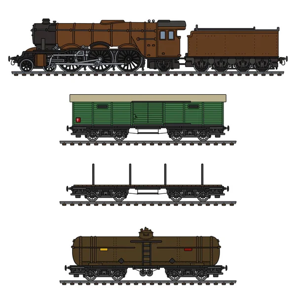 手描きのビンテージ貨物蒸気機関車の — ストックベクタ