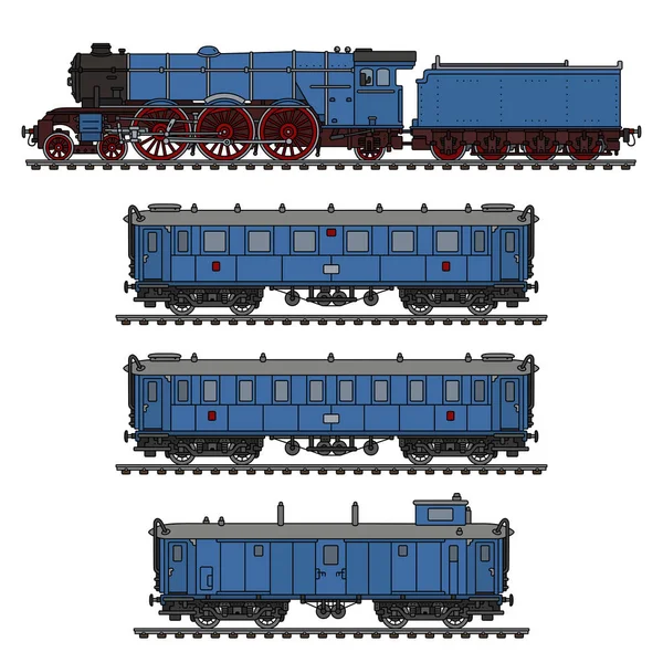 老式蓝色旅客蒸汽火车的手绘 — 图库矢量图片