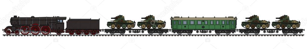 The hand drawing of a vintage military steam train with four tanks