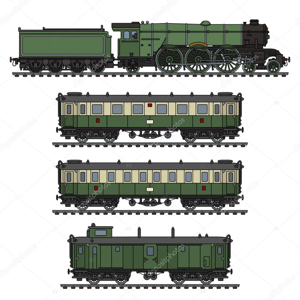 The hand drawing of a vintage green passenger steam train
