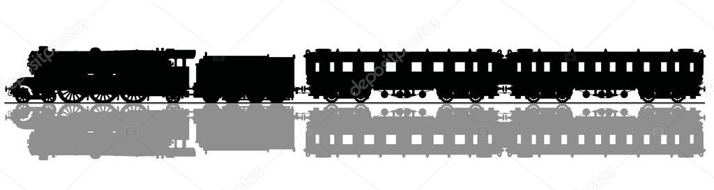 Hand drawing of a black silhouette of the vintage passenger steam train
