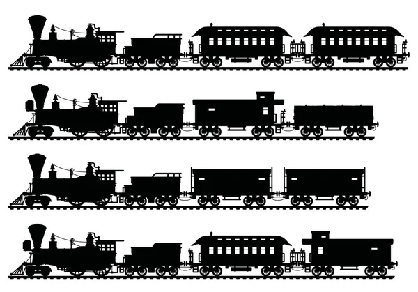 アメリカの野生の西の蒸気鉄道はビンテージの黒いシルエット — ストックベクタ