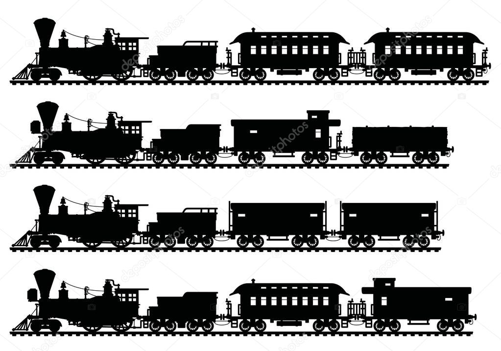 Black silhouettes of vintage american wild west steam trains