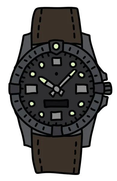 Dessin Main Une Montre Bracelet Sport Étanche Avec Bracelet Cuir — Image vectorielle