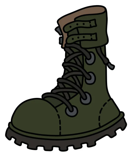 Dessin Main Une Chaussure Militaire Cuir Vert Laçage Haut — Image vectorielle