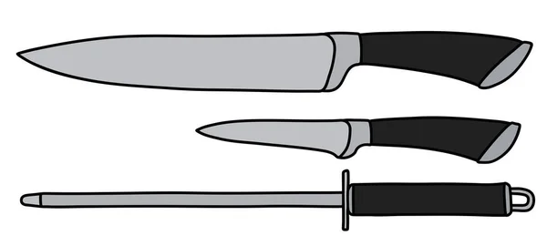 Vector Illustration Set Kitchen Knives Sharpenning Steel — Stock Vector