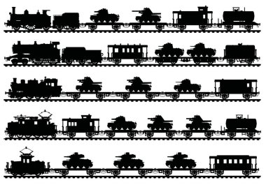 Vintage askeri tren beş siyah siluetleri