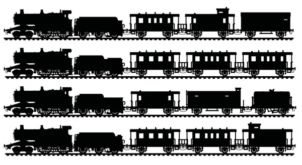 ヴィンテージの つの黒いシルエット蒸気列車 — ストックベクタ