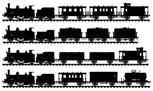 Vier Zwarte Silhouetten Van Vintage Stoom Treinen — Stockvector