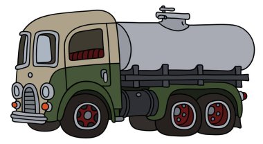 Komik, klasik bir yeşil ve beyaz tank kamyonunun vektörlü el çizimi.