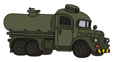 Komik bir yeşil askeri tank kamyonunun vektörlü el çizimi.