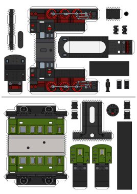 The paper model of a classic steam locomotive and a green coach clipart