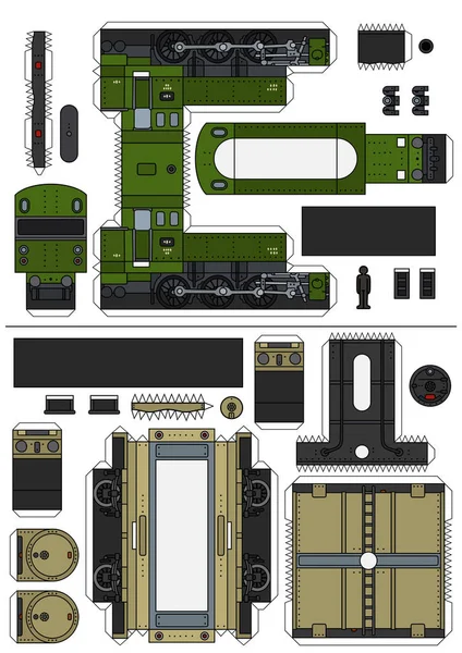 Modelo Papel Uma Locomotiva Vapor Verde Clássica Vagão Bege —  Vetores de Stock