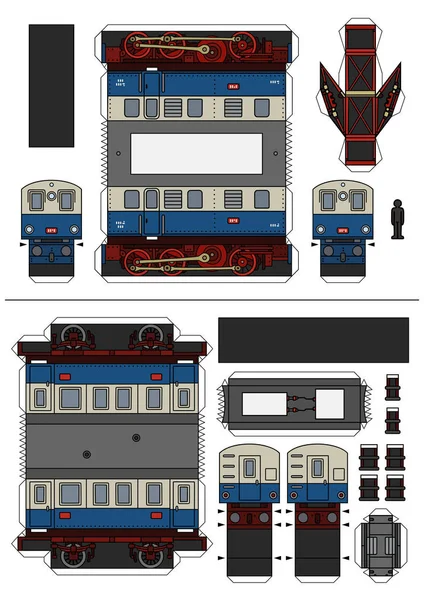 Vektorn Papper Modell Vintage Blå Elektriskt Lok Och Personvagn — Stock vektor