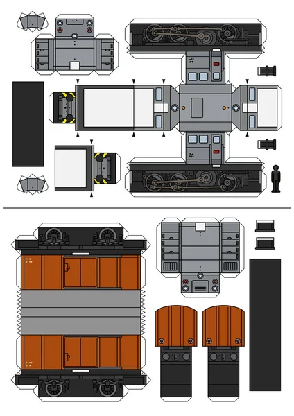 Vektorový Papírový Model Staré Šedé Malé Dieselové Lokomotivy Hnědého Nákladního — Stockový vektor