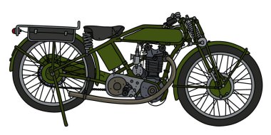 Eski, yeşil bir motosikletin el çizimi.