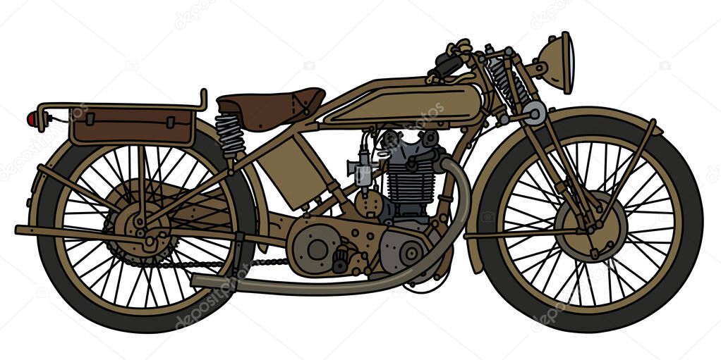 The hand drawing of a vintage sand military motorcycle