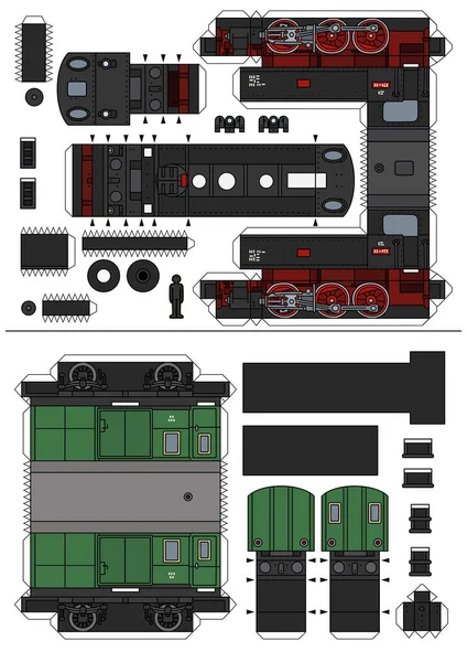 Papírový Model Retro Parní Lokomotivy Zeleným Poštovním Vozem — Stockový vektor