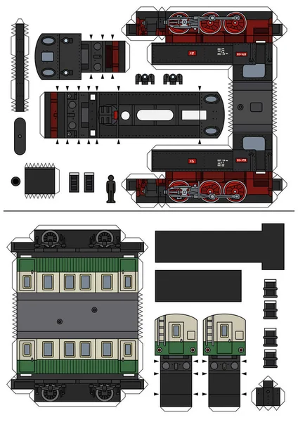 Paper Model Vintage Steam Locomotive Passenger Wagon — Stock Vector