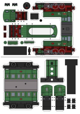 Klasik yeşil buhar lokomotifi ve yolcu vagonunun kağıt modeli.