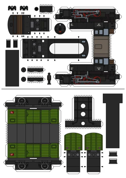 Papírový Model Staré Parní Lokomotivy Zeleného Nákladního Vozu — Stockový vektor