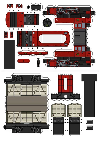Paper Model Vintage Red Steam Locomotive Cream Freight Wagon — Stock Vector
