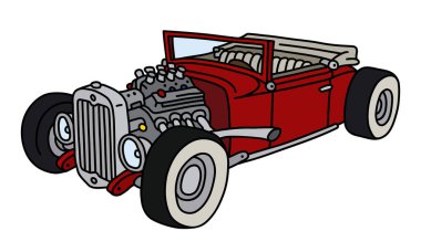 Komik, kırmızı, açık bir hotrod 'un vektörlü el çizimi