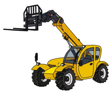 Sarı büyük bir forklift istifleyicisinin vektörleştirilmiş el çizimi.