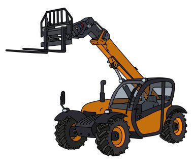 Turuncu büyük bir forklift istifleyicisinin vektörlü el çizimi.