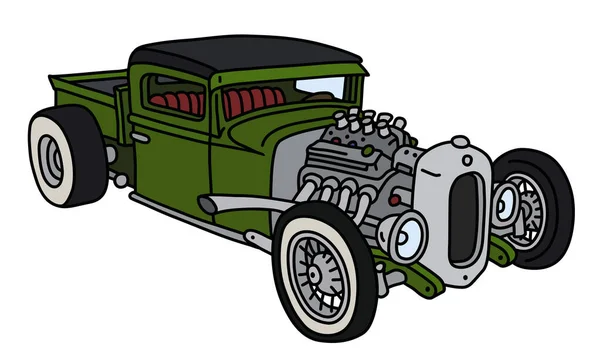 Vektorizált Kézi Rajz Egy Vicces Zöld Hotrod Teherautó — Stock Vector