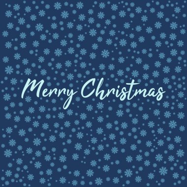 Mavi zemin üzerinde kar taneleri olan mutlu noel kartı şablonu, basitçe vektör çizimi