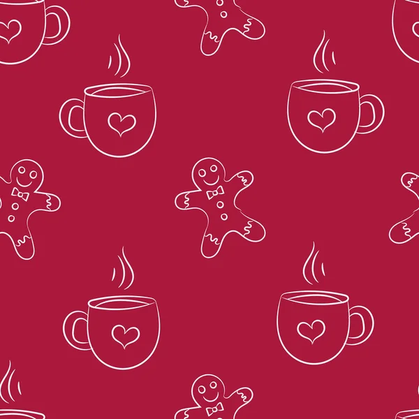 マグカップとクッキー包装紙 生地のためのシームレスな繰り返しパターン 赤の背景に手描きのジンジャーブレッドマンとホットチョコレートマグカップ クリスマスパターン — ストックベクタ