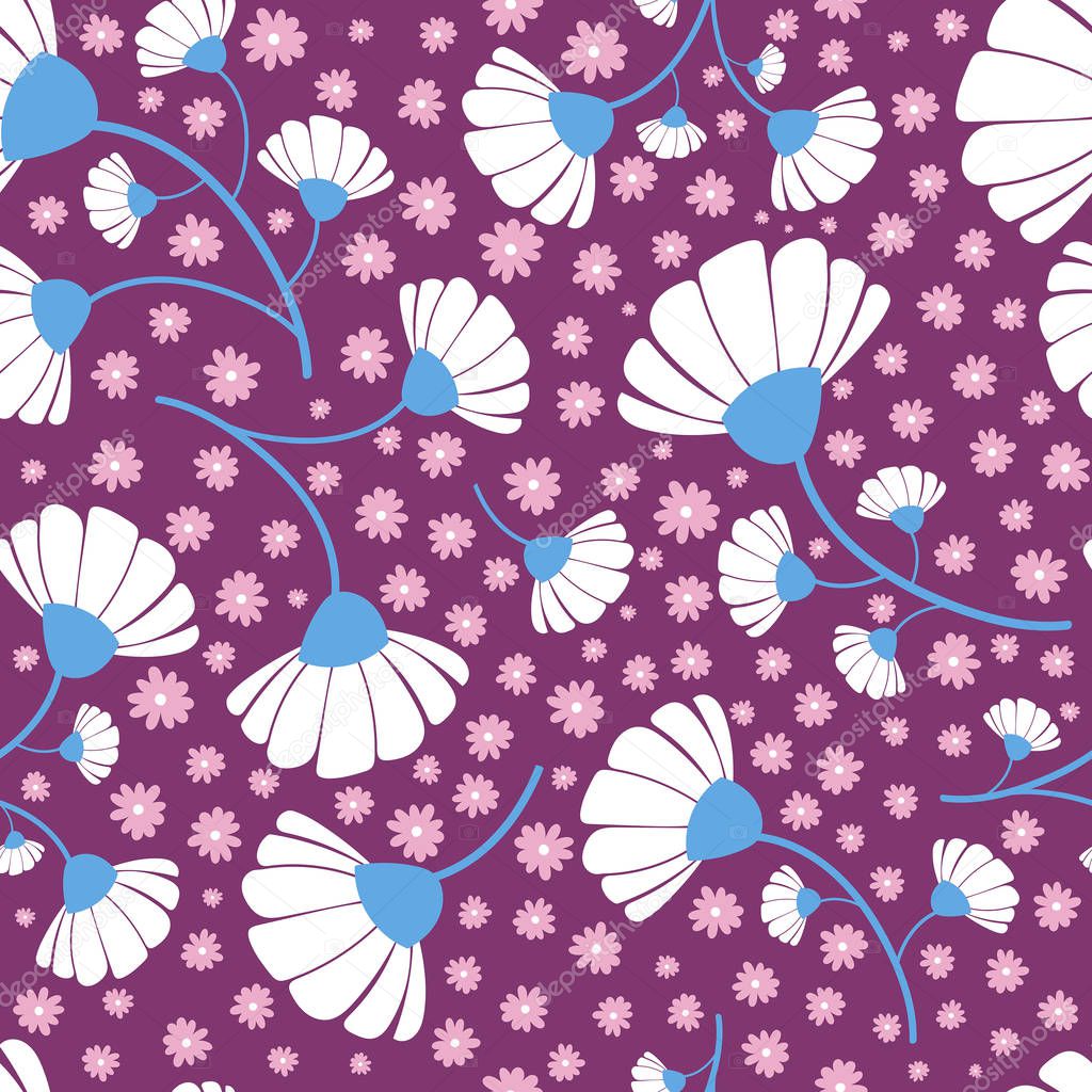 Daisy flowers seamless pattern, simply vector illustration 