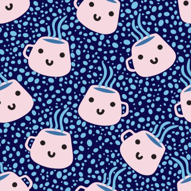 Cute, kawaii coffee mugs seamless repeat pattern.