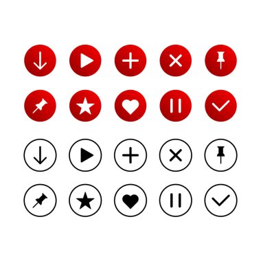 Set of flat vector icons isolated on a white background.Download,play,close,magnify,pin,star, heart,like,pause,tick icons.