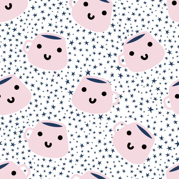 Cute kawaii coffee mugs and stars repeat seamless pattern.