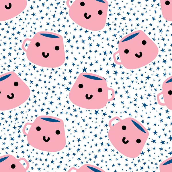 Cute, kawaii coffee mugs and stars repeat seamless pattern.