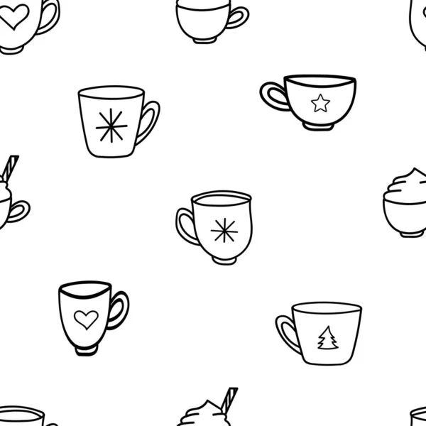 Coffee Mugs Seamless Pattern Doodle Hand Drawn Style Wrapping Paper — Stock Vector
