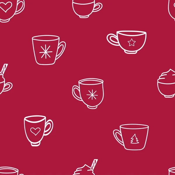 Coffee Mugs Seamless Repeat Pattern Red Background Doodle Hand Drawn — Stok Vektör